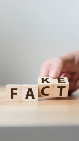 Hand rotating blocks saying fake and fact