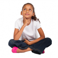 Young girl sitting cross-legged with a wondering look on her face.