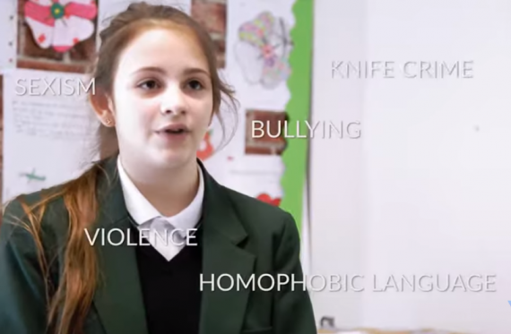 Image of school pupil with the words: knife crime, bullying, sexism, violence and homophobic language on top