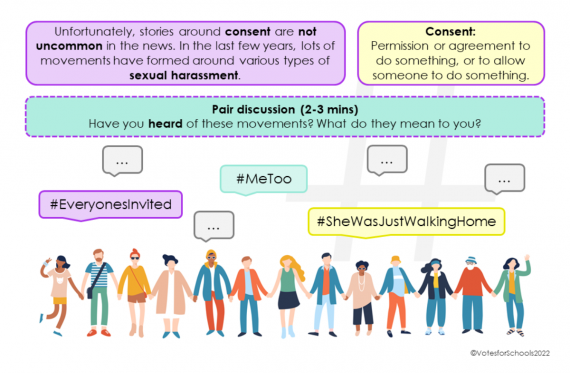 Consent lesson for teenagers excerpt from VotesforSchools, looking at #metoo, #shewasjustwalkinghome and #everyonesinvited