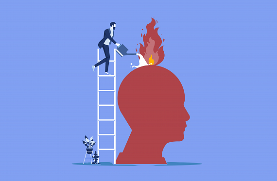 a person on a ladder putting out a fire on top of somebody's head