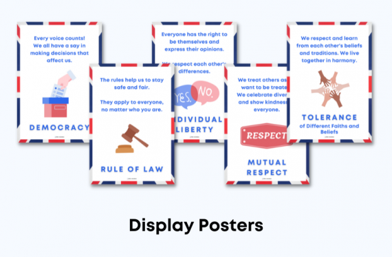 A set of five eye-catching posters promoting British Values