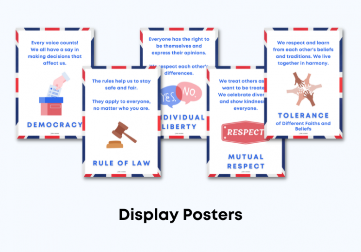 A set of five eye-catching posters promoting British Values