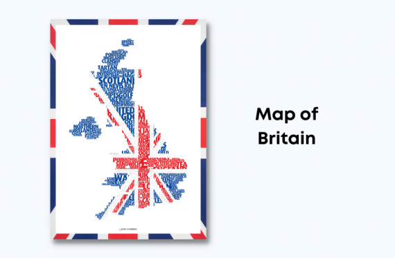 map of the UK made up of words that encapsulate everything about the UK