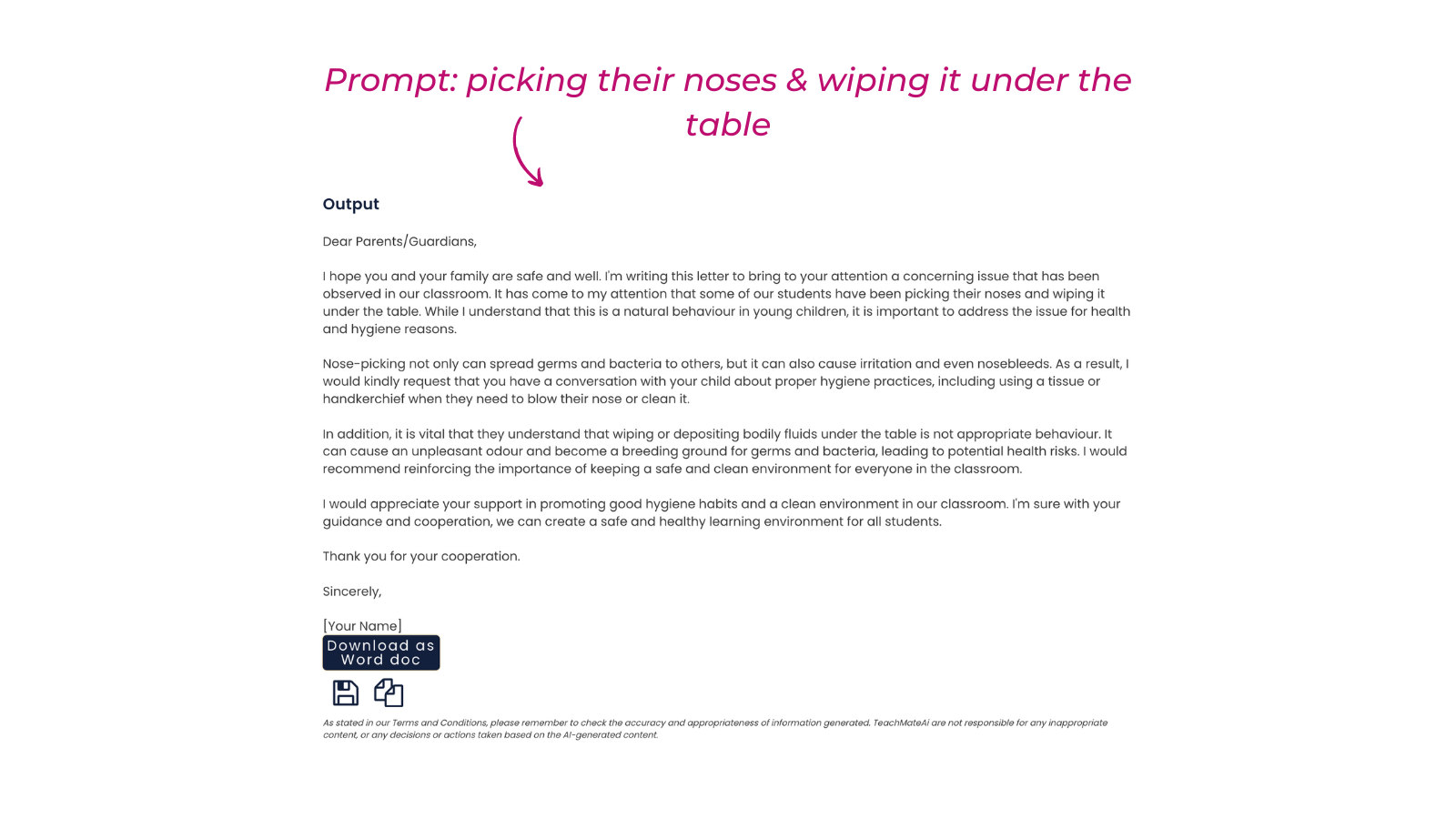 example letter using the topic 'picking their noses and wiping it under the table'
